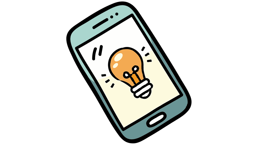 Gezeichnetes Smartphone mit einer Glühbirne auf dem Display