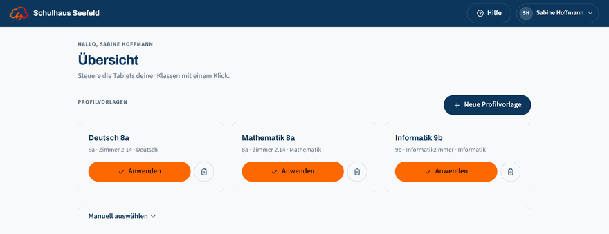 EDU Control: Übersicht mit drei Profilvorlagen und dem Knopf Anwenden