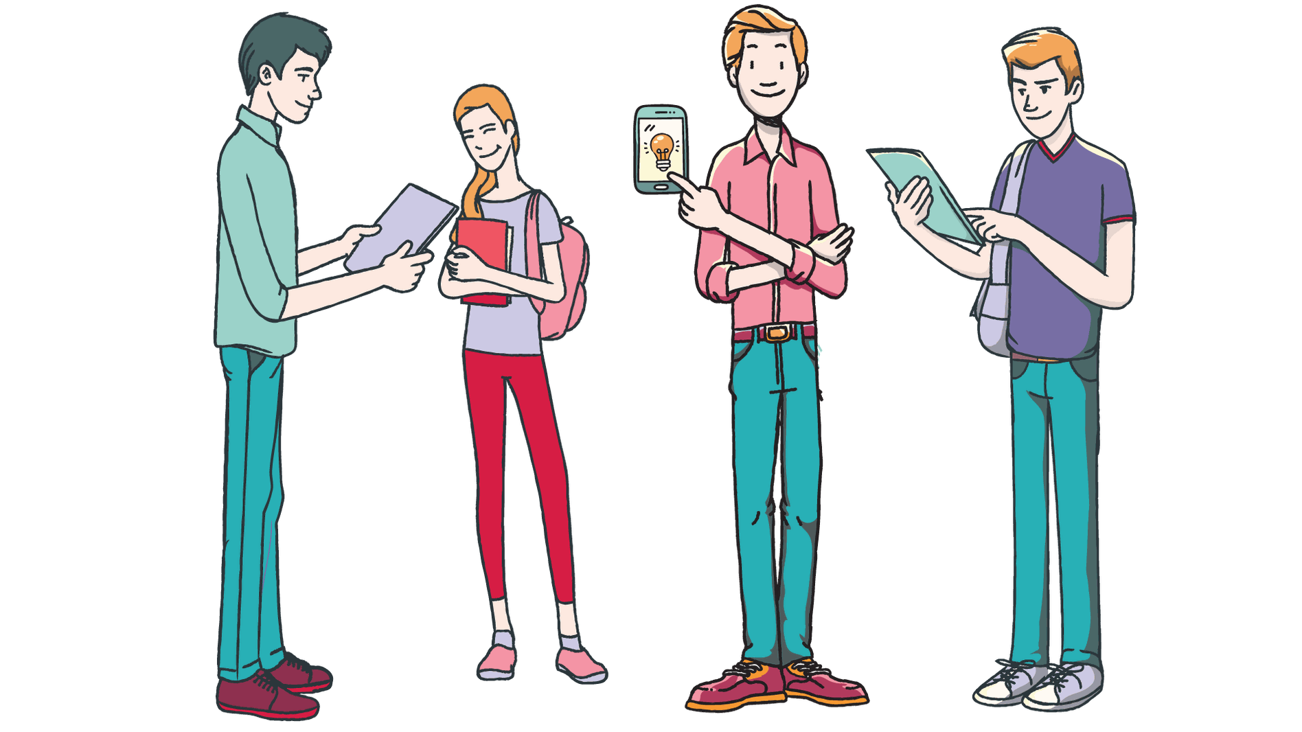 Vier gezeichnete Schülerinnen und Schüler mit Tablets und Smartphones