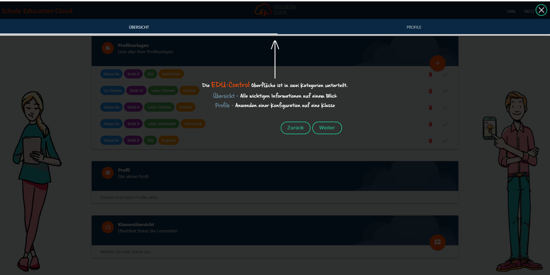 EDU Control Oberfläche für die Hilfestellung